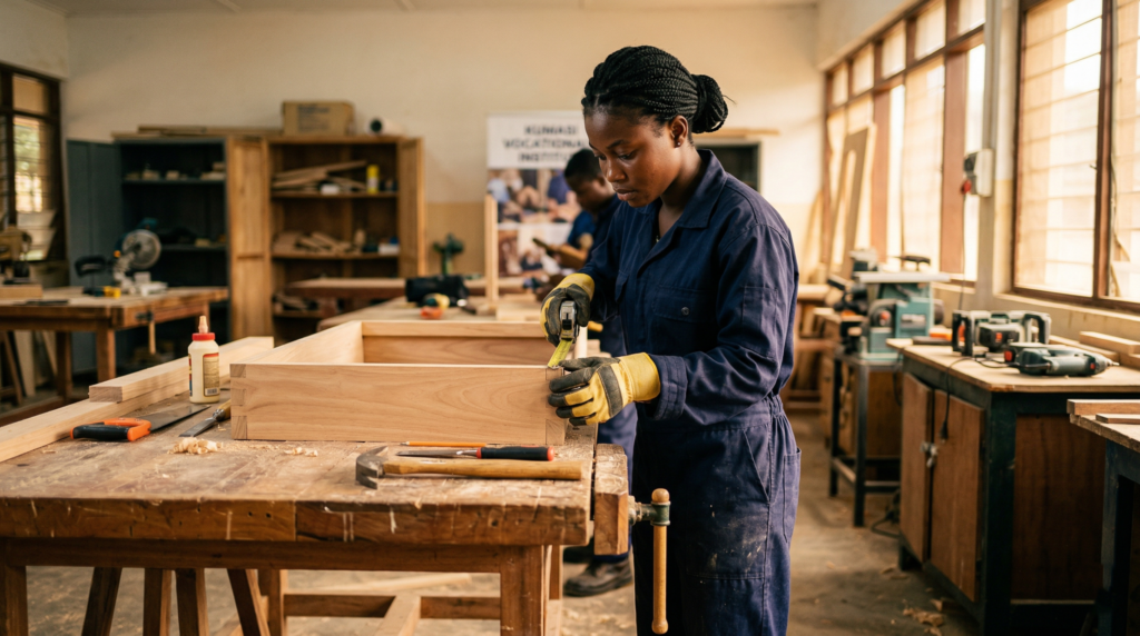 Student working with tools at a carpentry workbench