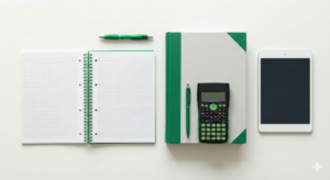 Flat lay of a notebook, pens, a calculator and a tablet on a light background