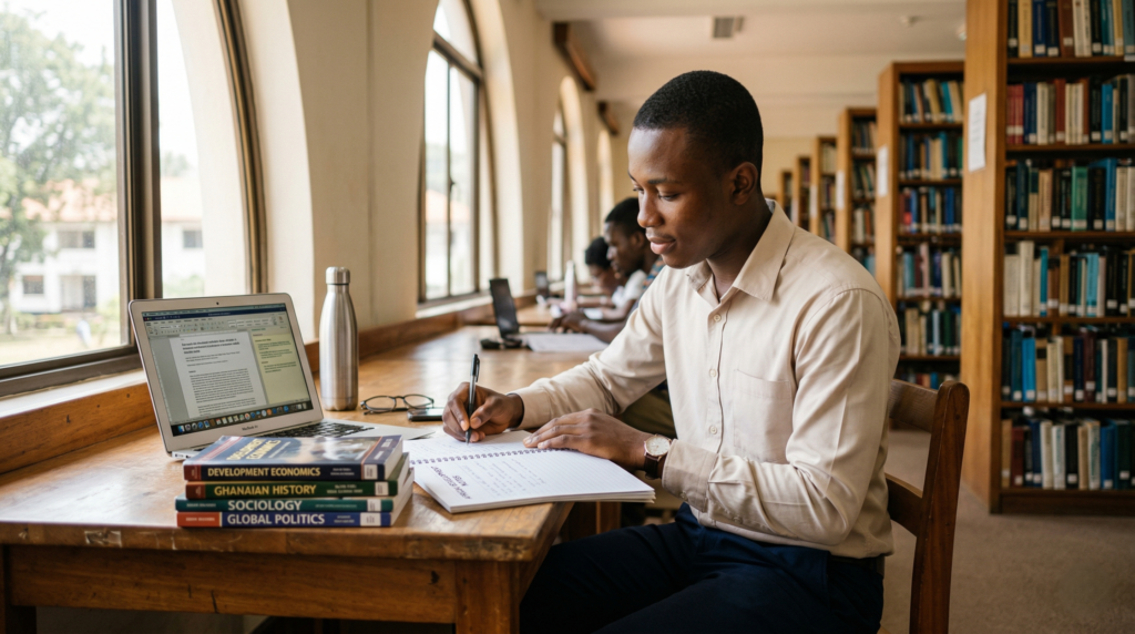 Student studying at a desk in a library