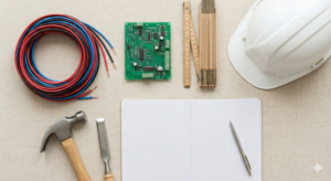 Flat lay of hand tools, electrical wiring, a circuit board and a hard hat